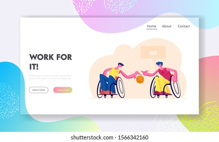 Paralympic Athletes Training Website Landing Page. Disabled Paralyzed Men Playing Basketball Sitting on Wheelchairs, Handicapped Characters Sports Web Page Banner. Cartoon Flat Vector Illustration