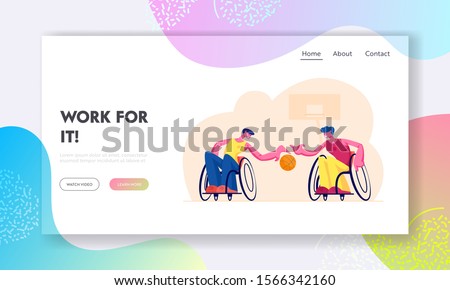 Paralympic Athletes Training Website Landing Page. Disabled Paralyzed Men Playing Basketball Sitting on Wheelchairs, Handicapped Characters Sports Web Page Banner. Cartoon Flat Vector Illustration