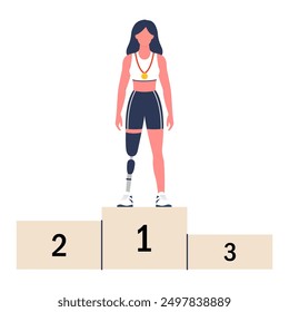 Paralympic champion with a prosthetic leg on the victory podium. Victory in sports competitions. Vector illustration.