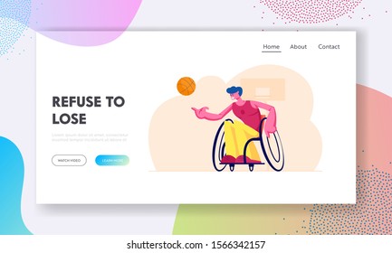 Paralympic Competition, Wheelchair Basketball Website Landing Page. Disabled Sportsman Playing with Ball. Sport for People with Physical Disabilities Web Page Banner. Cartoon Flat Vector Illustration