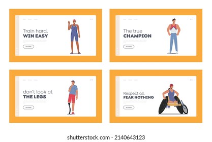 Juego de plantillas para aterrizaje de atletas paralímpicos y saludables. Personajes deportistas en uniforme, hombres jóvenes o mujeres nadan, Weightlifter, Runner, Racer. Ilustración de vectores de personas de caricatura