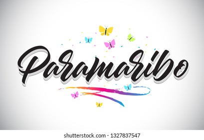 Paramaribo Handwritten Word Text with Butterflies and Colorful Swoosh Vector Illustration Design.