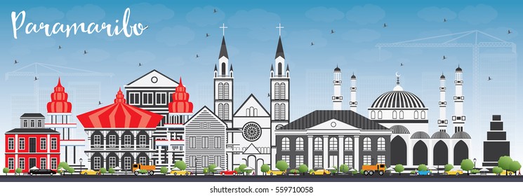 Línea aérea de Paramaribo con edificios grises y cielo azul. Ilustración vectorial. Concepto de viajes de negocios y turismo con arquitectura moderna. Imagen para Presentación Placard Banner y Sitio Web.
