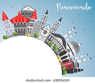 Paramaribo Skyline with Gray Buildings, Blue Sky and Copy Space. Vector Illustration. Business Travel and Tourism Concept with Modern Architecture. Image for Presentation Banner Placard and Web Site.