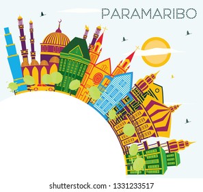 Paramaribo Suriname City Skyline with Color Buildings, Blue Sky and Copy Space. Vector Illustration. Tourism Concept with Modern Architecture. Paramaribo Cityscape with Landmarks. 