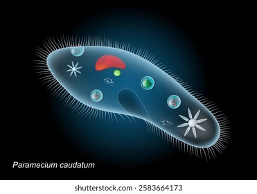 Paramecium caudatum. Close-up of Unicellular organism on dark background. Protozoa anatomy. Realistic vector illustration