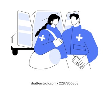 Paramedic abstract concept vector illustration. Professional paramedics in uniform with first aid supplies at work, emergency medical service, hospital workers, healthcare staff abstract metaphor.