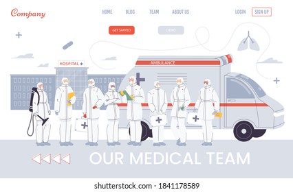Paramedic ambulance team, urgency rescuer help in pandemic condition. Online hospital emergency service presentation. Health care medic occupation. Medical staff standing at car. Landing page design