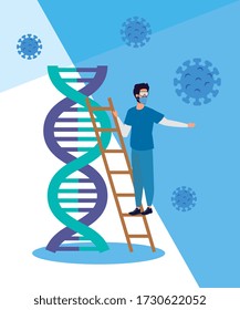 paramedic and dna structure with particles covid 19 vector illustration design