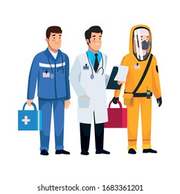 paramedic and doctor with biohazard suit staff characters vector illustration design