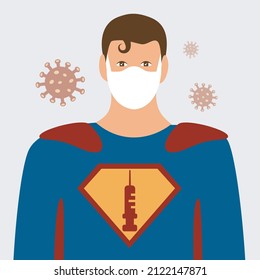 paramedic or doctor with coronavirus and covid variant sign flat design. symbol vaccine vector. medical staff for healthcare support cartoon icon. super hero man a uniform and face mask save the world