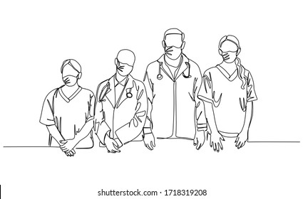 Paramedic, Doctor nurse and medical staff wearing surgical mask to prevent virus infection. Continues one line drawing vector