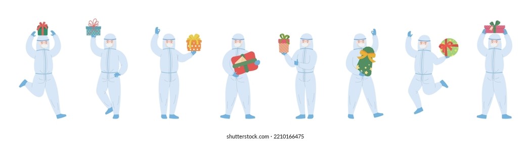 Paramedic or doctor or scientist or medical specialist team with protective clothing with gift box, Christmas or New Year or birthday surprise, vector cartoon style