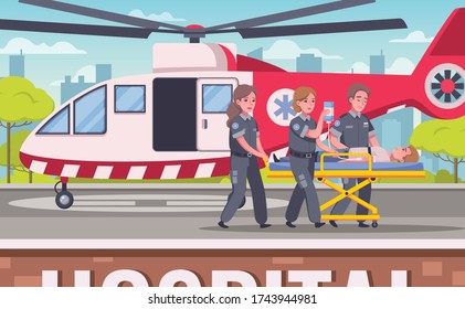 Paramedic emergency ambulance cartoon set with helipad scenery and helicopter with doctors team carting victim person vector illustration