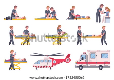 Paramedic emergency ambulance set of isolated icons and cartoon human characters of doctors victims and vehicles vector illustration