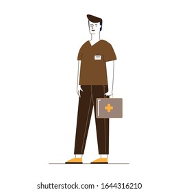 Paramedic with first aid kit. Male character in medical uniform flat vector illustration. Emergency, doctor visiting patient concept for banner, website design or landing web page