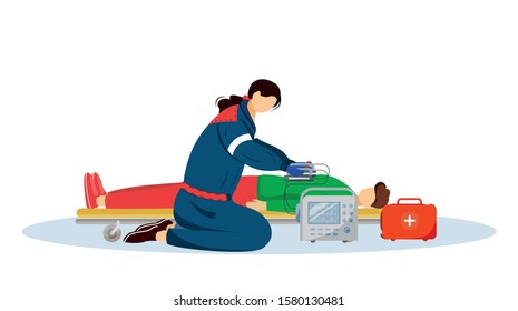 Paramedic giving first aid with defibrillator flat illustration. Emergency doctor, medic and injured patient cartoon characters. Reanimation, urgency care medical specialist, rescuer isolated on white