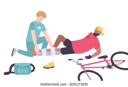 Paramedic giving first aid to man who fell off bike flat vector illustration