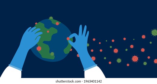 paramedic hands in gloves, personal protective equipment(PPE) fighting coronavirus in outer space to prevent spread of COVID-19 and save the world, concept of healthcare in pandemic situation.