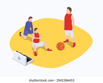 Paramedic helping injured basketball player at the field. First Aid isometric vector concepts