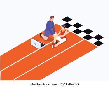 Paramedic helping injured female runner on the running track. First Aid isometric vector concept