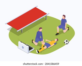 Paramedic helping injured football player on the field. First Aid isometric vector concepts