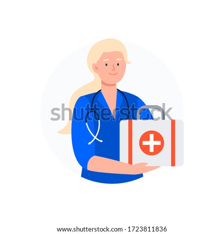 The paramedic holds a first aid kit. Medical worker avatar. Flat vector characters.