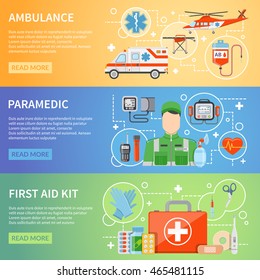 Paramedic horizontal banners with medicine chest ambulance air and car transport and medical assistant figure flat vector illustration