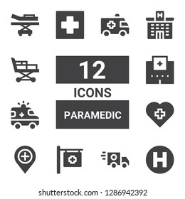 paramedic icon set. Collection of 12 filled paramedic icons included Hospital, Ambulance, Stretcher