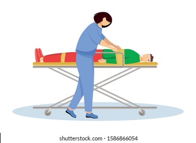 Paramedic with injured patient on stretcher flat vector illustration. Urgent care, resuscitation, reanimation. Emergency rescue worker, medic. Emt, doctor cartoon character isolated on white