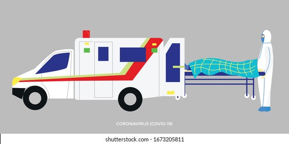 a paramedic is inserting a patient into an ambulance with a corona virus kit