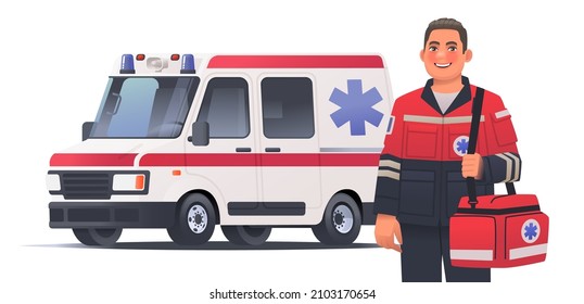 Paramedic man with a first aid bag on the background of an ambulance. Emergency medical service worker. Vector illustration in cartoon style