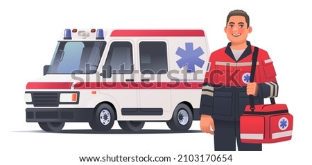 Paramedic man with a first aid bag on the background of an ambulance. Emergency medical service worker. Vector illustration in cartoon style