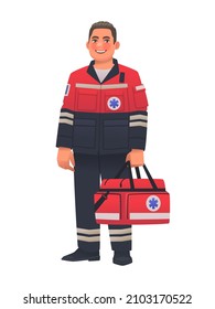 Paramedic man in uniform and with full length first aid bag on isolated white background. Emergency medical service worker. Vector illustration in cartoon style