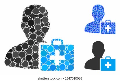 Paramedic mosaic of filled circles in various sizes and color tinges, based on paramedic icon. Vector filled circles are combined into blue mosaic. Dotted paramedic icon in usual and blue versions.