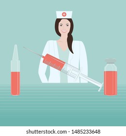 Paramedic, pretty, with a smile - syringe, ampoule - abstract light background - flat style, vector. Medicine concept. Patient care. Home care
