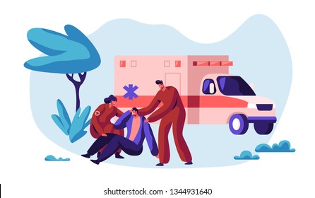 Paramedic Profession Medical Character Rescue Health On Ambulance. Medic Worker Urgent Transportation On Medicine Vehicle To Hospital For Healthcare. Flat Cartoon Vector Illustration