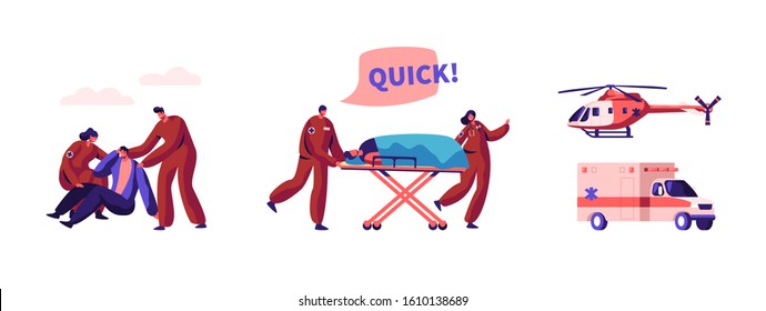 Paramedic Profession Set. Medical Rescue Doctor Characters on Ambulance. Medic Workers Urgent Helicopter and Car Transportation Medicine Vehicle, Hospital Healthcare. Cartoon Flat Vector Illustration