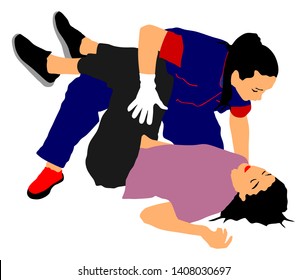 Paramedic rescue patient first aid vector illustration. Woman in unconscious drowning. Drunk person overdose. Sneak attack victim rescue. CPR rescue team. Victim of fire evacuation. Earthquake rescue 
