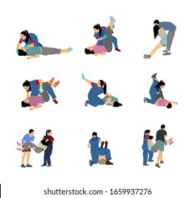 Paramedic Rescue Patient First Aid Vector Illustration. Woman In Unconscious Drowning. Drunk Person Overdose. Snake Attack Victim Rescue. CPR Rescue Team. Victim Of Fire Evacuation. Earthquake Rescue 