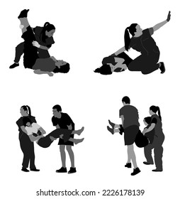 Paramedic Rescue Patient First Aid Vector Silhouette. Woman In Unconscious Drowning. Drunk Person Overdose. Snake Attack Victim Rescue. CPR Rescue Team. Victim Of Fire Evacuation. Earthquake Rescue 
