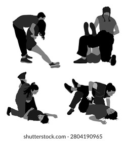 Paramedic rescue patient first aid vector silhouette. Woman in unconscious drowning. Drunk person overdose. Snake attack victim rescue. CPR rescue team. Victim of fire evacuation. Earthquake rescue 