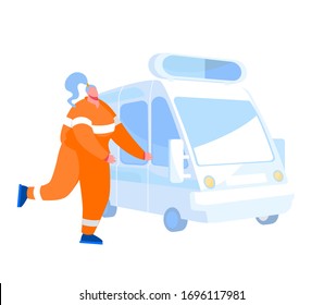 Paramedic or Rescuer Female Character Wearing Orange Uniform Run to Ambulance Car. Medic Staff at Work, Medical Support and Assistance to Diseased People Doctor Profession. Cartoon Vector Illustration