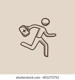 Paramedic running with first aid kit sketch icon.