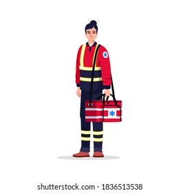 Paramedic semi flat RGB color vector illustration. Emergency medical technician. Critical help doctor. Asian woman working as EMT with medical bag isolated cartoon character on white background