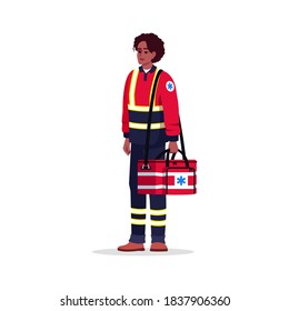 Paramedic semi flat RGB color vector illustration. Emergency technician. Health professional. Afro american woman working as EMT with medical bag isolated cartoon character on white background