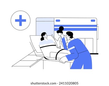 Paramedic service abstract concept vector illustration. Group of paramedics loads a patient into an ambulance car, emergency vehicle services, industrial transportation abstract metaphor.