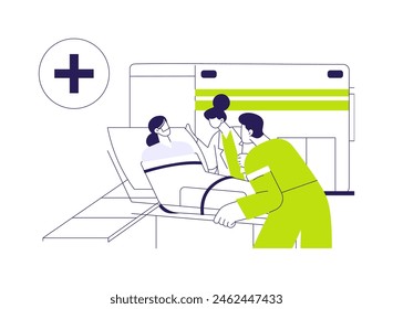 Servicio paramédico abstracto concepto Ilustración vectorial. Grupo de paramédicos carga a un paciente en una ambulancia, servicios de vehículos de emergencia, transporte industrial metáfora abstracta.