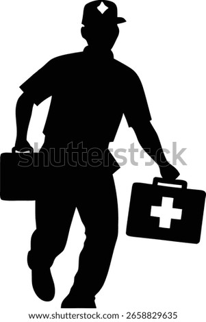 Paramedic silhouette. This image showcases a bold black silhouette of a paramedic, also called an EMT or first responder, holding medical equipment.