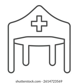 Paramedic tent thin line icon, military medicine concept. Vector graphics. Field hospital with medical cross sign on white background, linear style icon for mobile or web design